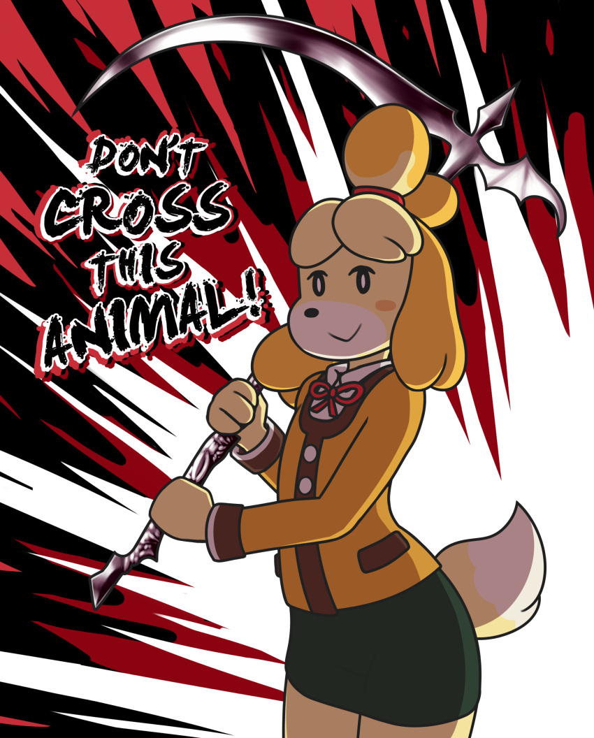 2018 4_fingers :&gt; absurd_res animal_crossing blush blush_stickers bottomwear canid canine canis clothing domestic_dog english_text female fingers hi_res isabelle_(animal_crossing) looking_at_viewer mammal maypul_syrup melee_weapon nintendo polearm scythe shih_tzu simple_background skirt smile solo super_smash_bros. super_smash_bros._ultimate text toy_dog video_games weapon