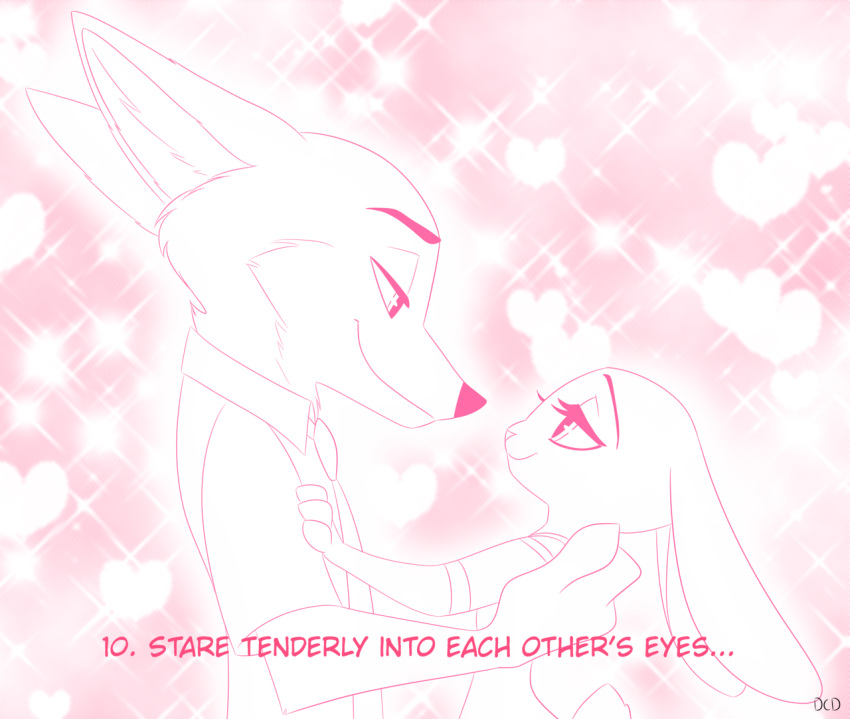 &lt;3 ... 2019 anthro canid canine clothed clothing comic disney duo english_text fox fully_clothed inner_ear_fluff judy_hopps lagomorph leporid looking_at_another mammal necktie nick_wilde pink_background rabbit red_fox shirt side_view simple_background skeletonguys-and-ragdolls smile sparkles text topwear tuft zootopia