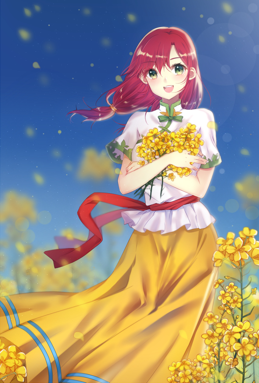 1girl :d bangs bare_arms blue_sky blurry blush bow breasts chuuka_ichiban! day eyebrows_visible_through_hair feet_out_of_frame floating_hair flower green_bow green_eyes highres holding holding_flower itsuki_(yishu) long_hair long_skirt looking_at_viewer low-tied_long_hair low_twintails mei_li open_mouth petals red_hair sash shirt short_sleeves skirt sky smile solo standing toggles twintails white_shirt wind yellow_flower yellow_skirt