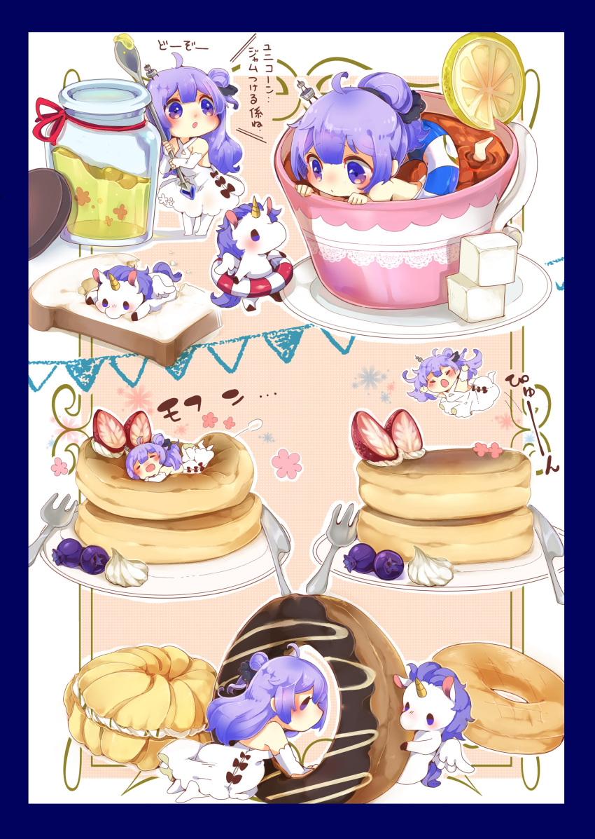 1girl absurdres ahoge azur_lane bangs barefoot black_bow black_ribbon blueberry blush bow bread chibi commentary_request cream criss-cross_halter cup detached_sleeves doughnut dress eating eyebrows_visible_through_hair food fork french_cruller fruit hair_bun hair_ribbon halterneck highres holding holding_spoon in_container in_cup jar knife lifebuoy long_hair long_sleeves multiple_views no_shoes okura00 one_side_up pancake parted_lips pennant plate profile purple_eyes purple_hair ribbon saucer side_bun sleeves_past_wrists slice_of_bread soles spoon stack_of_pancakes strawberry string_of_flags stuffed_alicorn stuffed_animal stuffed_toy sugar_cube tea teacup thighhighs translation_request unicorn_(azur_lane) very_long_hair white_dress white_legwear white_sleeves