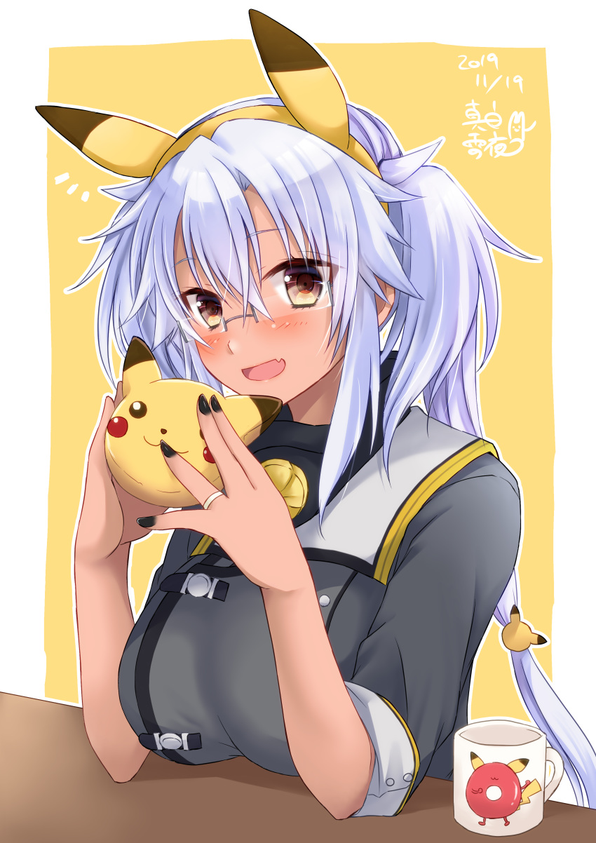 0yukiya0 1girl absurdres blush breasts brown_eyes cup enemy_lifebuoy_(kantai_collection) glasses graphite_(medium) hair_between_eyes highres jewelry kantai_collection large_breasts mechanical_pencil millipen_(medium) musashi_(kantai_collection) open_mouth pencil pikachu pikachu_ears platinum_blonde_hair pokemon_ears remodel_(kantai_collection) ring short_hair_with_long_locks sitting smile toy traditional_media twintails two-tone_background two_side_up wedding_band