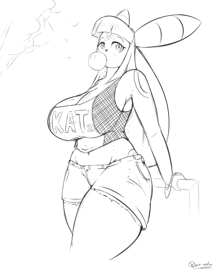 absurd_res anise_(quin-nsfw) anthro big_breasts blowing_bubble bottomwear breasts bubble_gum cleavage clothed clothing cutoffs denim denim_clothing eeveelution female hair hi_res leaning leaning_back long_hair mammal midriff monochrome nintendo outside pok&eacute;mon pok&eacute;mon_(species) quin-nsfw shirt shorts solo tank_top topwear umbreon video_games