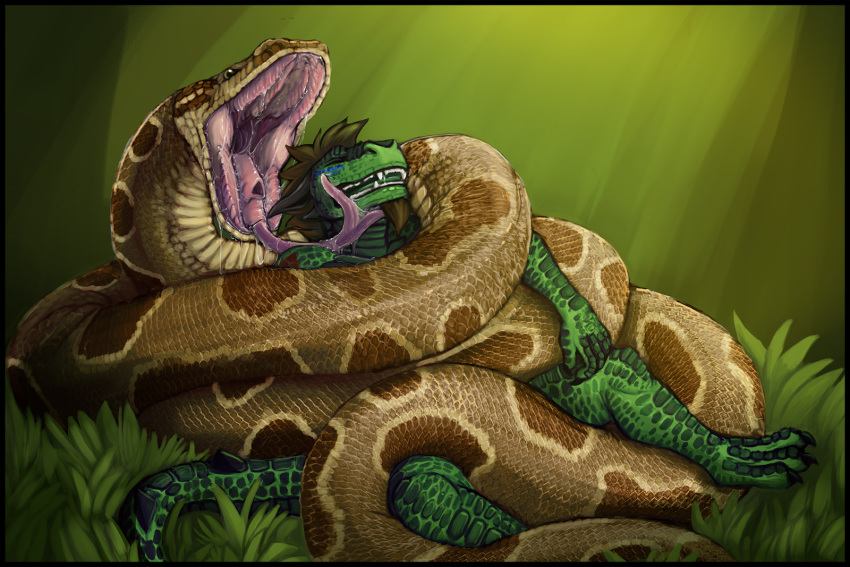 acidic adryx_(character) ambiguous_gender anthro bodily_fluids brown_body brown_hair brown_scales coiling conditional_dnp dragon duo feral forced gaping_mouth grass green_body green_scales hair hi_res imminent_vore long_tongue open_mouth reptile saliva scales scalie snake teeth tongue tongue_out tongue_sheath vore