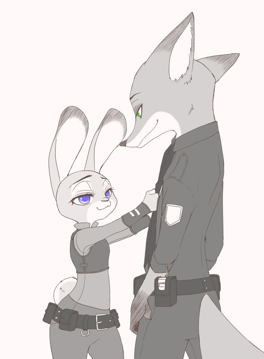 2017 anthro belt belt_pouch biped blue_eyes bottomwear bulletproof_vest canid canine clothed clothing dipstick_ears disney duo female fox fully_clothed fur gloves_(marking) green_eyes hi_res judy_hopps lagomorph leporid long_ears looking_at_another looking_down male mammal markings multicolored_ears necktie nick_wilde pants police_uniform puki rabbit shirt simple_background smile spot_color standing topwear uniform walkie_talkie white_background wrist_guards zootopia