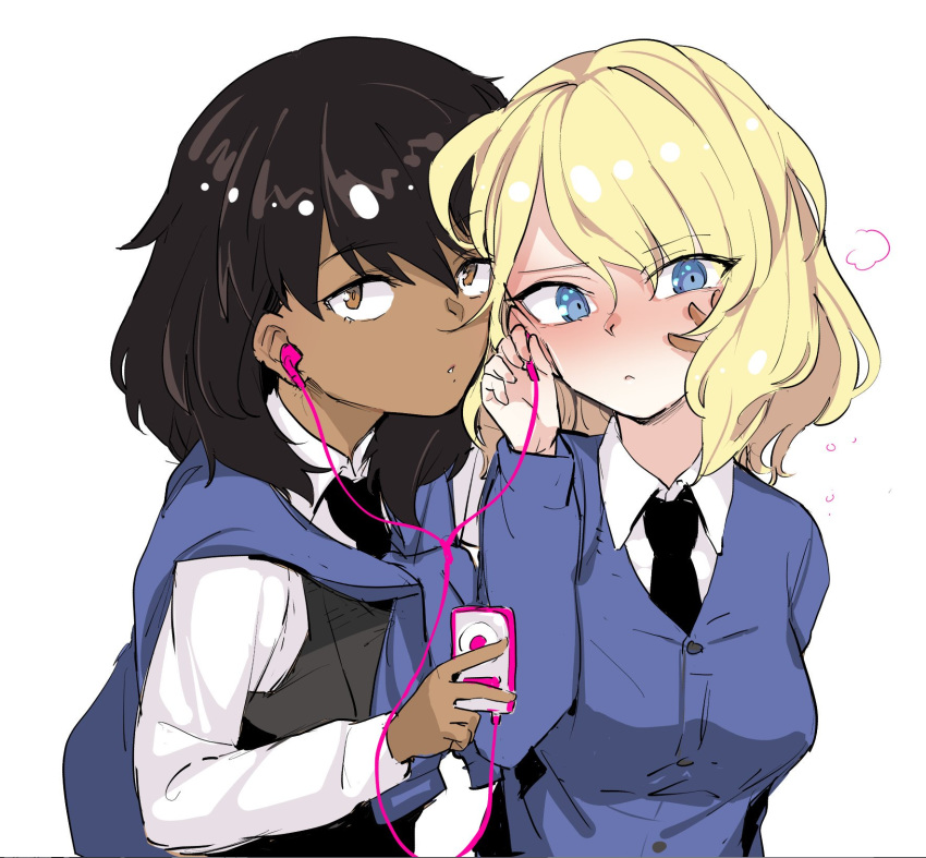 andou_(girls_und_panzer) aomushi_(mushamusha) bc_freedom_school_uniform black_hair blonde_hair blue_eyes blush dark_skin earphones girls_und_panzer hand_on_another's_face highres necktie oshida_(girls_und_panzer) school_uniform sweater sweater_around_neck yuri