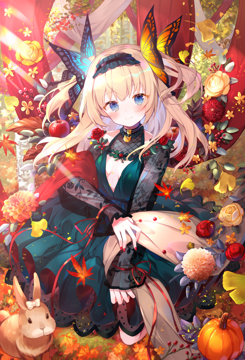 1girl absurdres autumn_leaves bangs blonde_hair blue_eyes blush breasts bunny butterfly_hair_ornament closed_mouth day dress emori_el emori_miku_project eyebrows_visible_through_hair floating_hair ginkgo_leaf green_dress hair_ornament head_tilt headdress highres huge_filesize ibara_riato long_hair long_sleeves looking_at_viewer outdoors red_nails shawl sidelocks small_breasts smile two_side_up