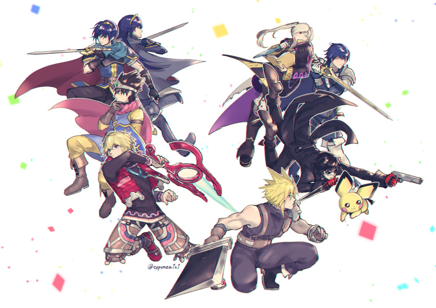 1girl absurdres amamiya_ren blonde_hair blue_eyes brown_hair buster_sword cape chrom_(fire_emblem) cloud_strife dragon_quest dragon_quest_iii dragon_quest_xi falchion_(fire_emblem) father_and_daughter final_fantasy final_fantasy_vii fingerless_gloves fire_emblem fire_emblem:_mystery_of_the_emblem fire_emblem_awakening gloves gun hair_ornament hero_(dq11) highres long_hair looking_at_viewer lucina_(fire_emblem) marth_(fire_emblem) mask monado persona pichu pokemon pokemon_(creature) rei_(teponea121) robin_(fire_emblem) robin_(fire_emblem)_(female) roto short_hair shulk simple_background smile super_smash_bros. sword tiara twintails weapon white_hair xenoblade_(series) xenoblade_1