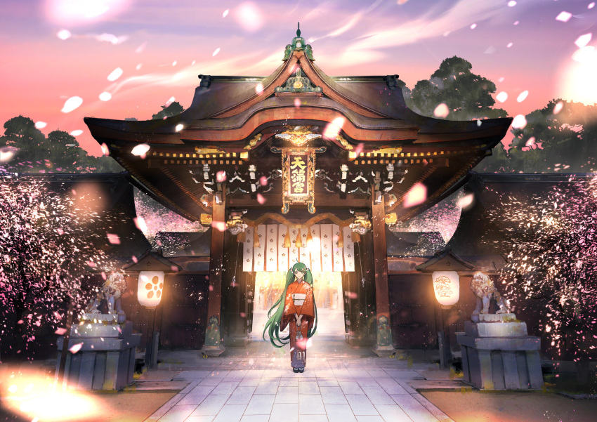 1girl absurdres ahoge architecture bag blurry_foreground commentary east_asian_architecture floral_print green_hair hands_together hatsune_miku highres holding holding_bag japanese_clothes kimono kyoto lantern lion long_hair looking_at_viewer obi outdoors petals plaque red_kimono red_sky rope sakpi sash shimenawa sky solo standing statue stone_floor temple tree twilight twintails very_long_hair vocaloid wide_shot