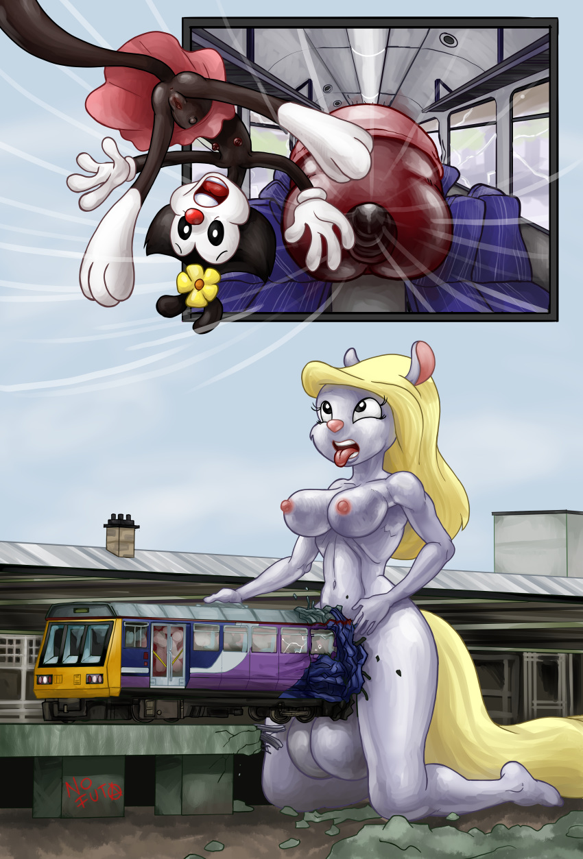 2019 5_fingers absurd_res accessory ahegao animaniacs anthro areola balls big_balls big_breasts big_penis black_body black_fur blonde_hair bottomwear breasts building city clothed clothing cock_vore day destruction detailed_background digital_media_(artwork) dot_warner duo erection female fingers flower flower_in_hair foreskin fur gaping gaping_urethra gynomorph hair hair_accessory hi_res huge_balls humanoid_penis hyper hyper_penis inkblot intersex looking_pleasured macro mammal minerva_mink mink mustelid musteline navel nipples nude open_mouth outside penetration penile penis plant public public_transportation pussy retracted_foreskin size_difference skirt sky smile smudge_proof tongue tongue_out train uncut upskirt vacuum_penis vehicle vore warner_brothers what white_body white_fur why wind young