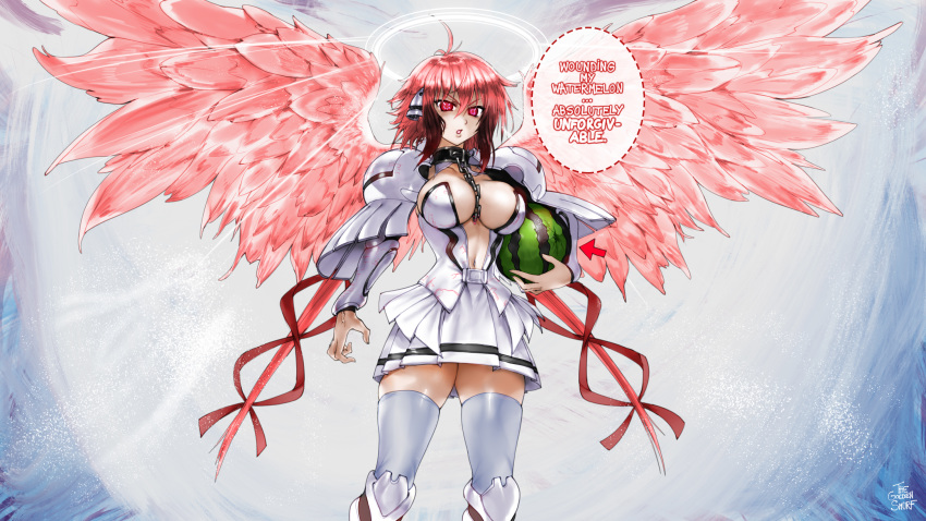 1girl ahoge android angel armor artist_name between_breasts black_collar breasts chain collar english_text food fruit hair_between_eyes halo highres ikaros large_breasts navel pink_wings red_eyes red_hair robot_ears simple_background skirt solo sora_no_otoshimono speech_bubble standing the_golden_smurf thighhighs watermelon white_legwear white_skirt wings