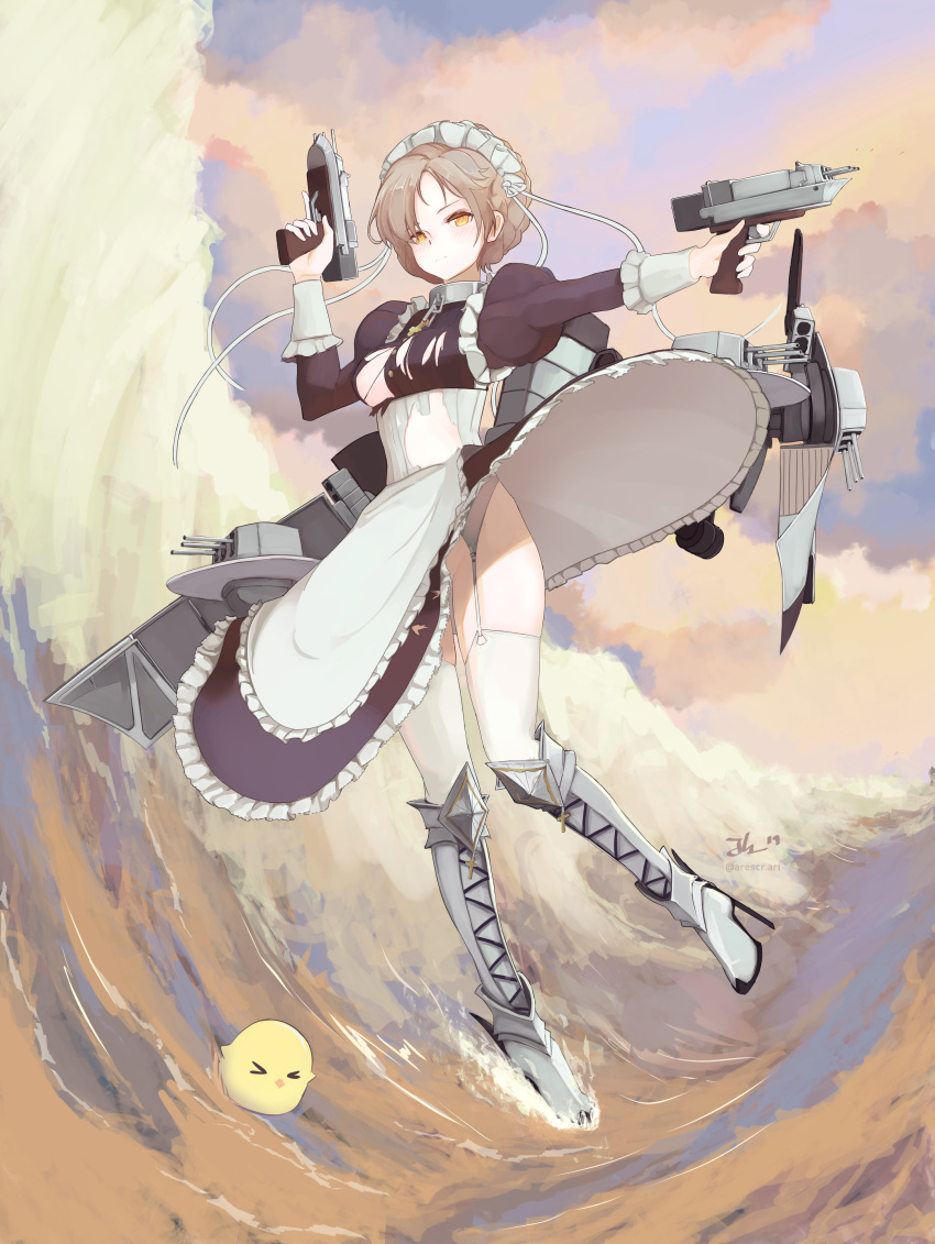 1girl absurdres apron arescr armored_boots azur_lane blush boots braid closed_mouth cloud cloudy_sky commentary corset english_commentary expressionless french_braid garter_belt garter_straps gun high_heel_boots high_heels highres holding holding_gun holding_weapon juliet_sleeves long_skirt long_sleeves looking_at_viewer maid maid_headdress manjuu_(azur_lane) no_panties ocean outdoors platinum_blonde_hair puffy_sleeves rigging sheffield_(azur_lane) short_hair signature skirt skirt_flip sky solo thighhighs torn_clothes twitter_username waist_apron waves weapon white_legwear yellow_eyes