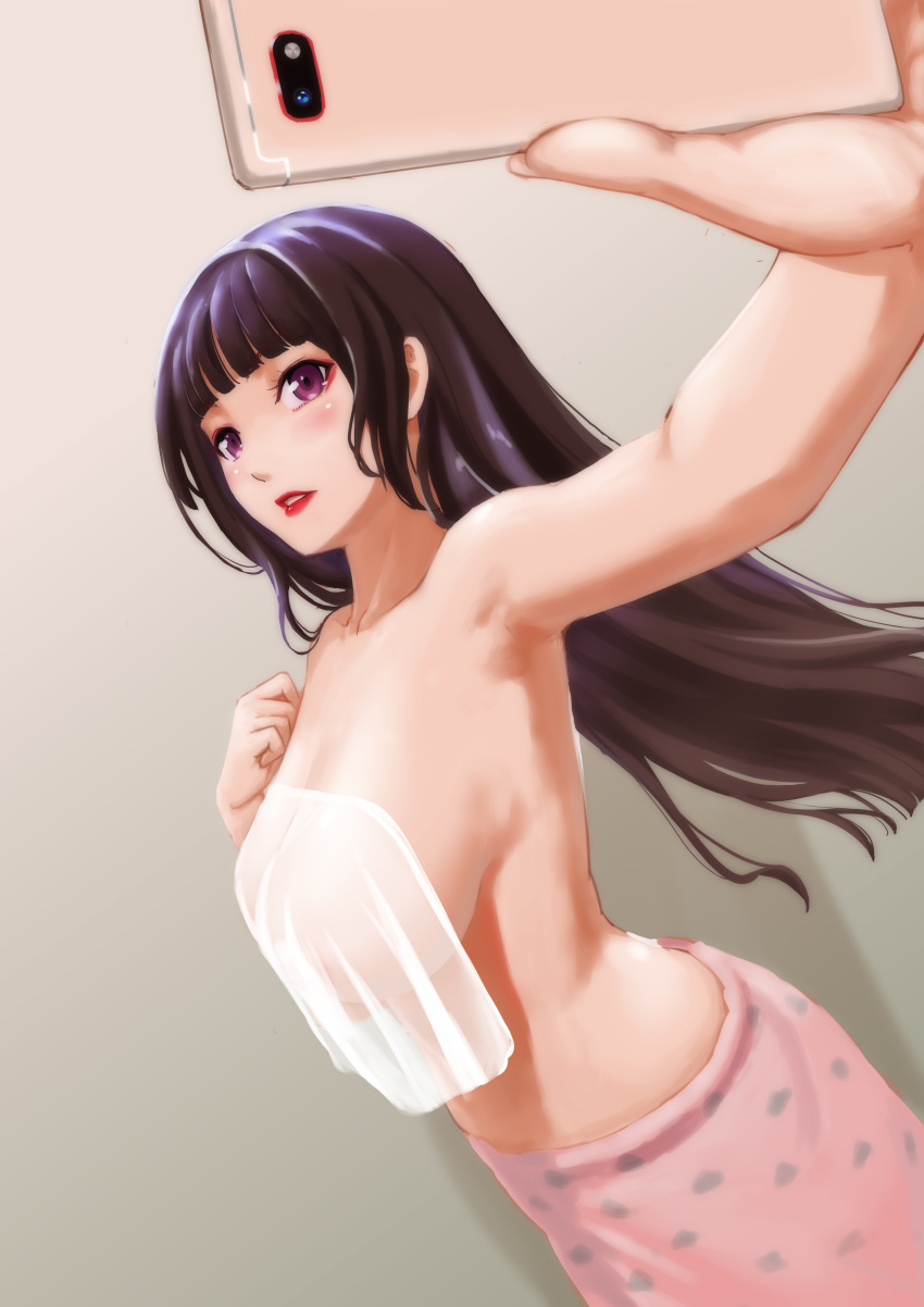 1girl absurdres armpits bangs blunt_bangs blush breasts cellphone cleavage commentary_request cowboy_shot daidailong eyebrows_visible_through_hair fingernails groin hand_on_own_chest hand_up highres hime_cut holding holding_cellphone holding_phone large_breasts lips long_fingernails long_hair looking_at_viewer naked_towel navel original parted_lips phone pink_towel polka_dot polka_dot_towel red_lips see-through self_shot sidelocks smartphone solo standing stomach taking_picture teeth towel white_towel