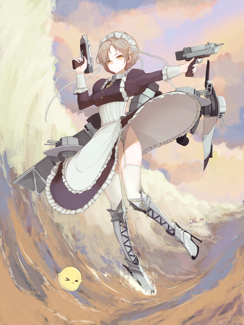 1girl absurdres apron arescr armored_boots azur_lane boots braid closed_mouth cloud cloudy_sky commentary corset english_commentary expressionless french_braid garter_belt garter_straps gun high_heel_boots high_heels highres holding holding_gun holding_weapon juliet_sleeves long_skirt long_sleeves looking_at_viewer maid maid_headdress manjuu_(azur_lane) no_panties ocean outdoors platinum_blonde_hair puffy_sleeves rigging sheffield_(azur_lane) short_hair signature skirt skirt_flip sky solo thighhighs twitter_username waist_apron waves weapon white_legwear yellow_eyes