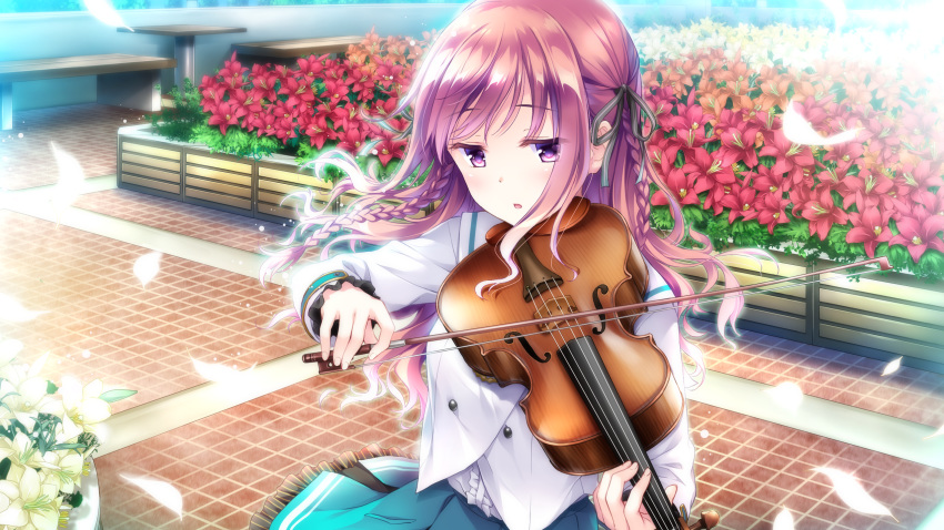 ensemble_(company) flowers game_cg instrument leaves mizusawa_sayaka omoi_o_sasageru_otome_no_melody pink_eyes pink_hair school_uniform violin