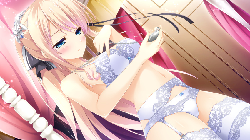 aqua_eyes blonde_hair blush bra ensemble_(company) game_cg garter garter_belt hikami_kuon long_hair navel ojou-sama_wa_sunao_ni_narenai panties ponytail stockings underwear