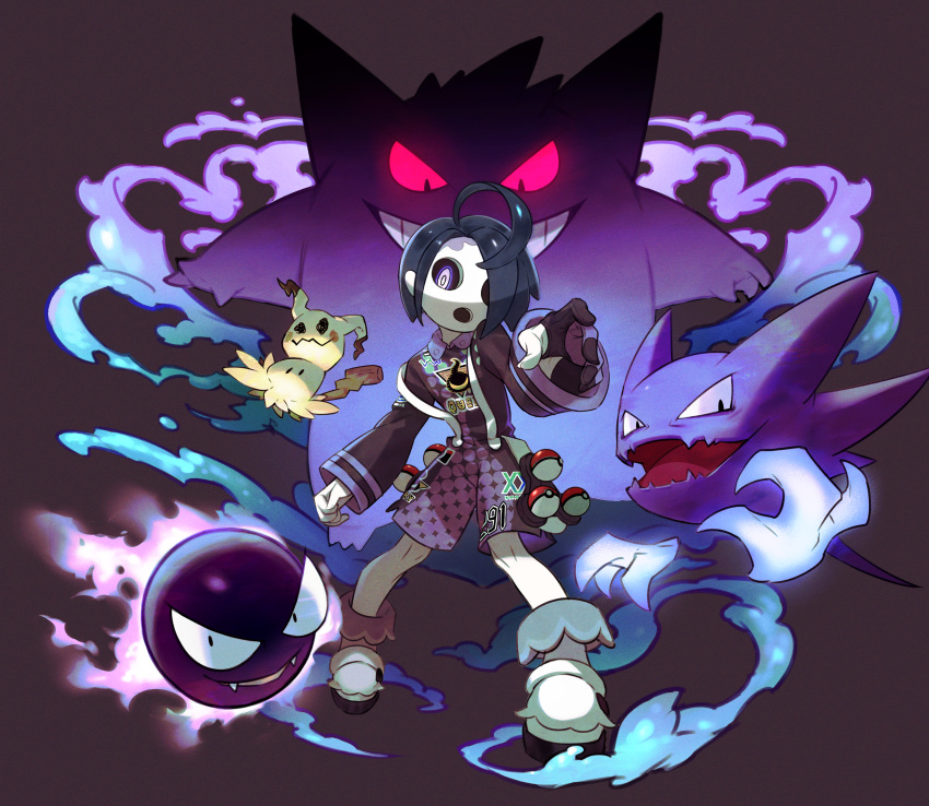 1boy ahoge ankle_socks black_hair gastly gengar gloves gym_leader haunter highres honyaru_(nanairo39) male_focus mimikyu onion_(pokemon) poke_ball poke_ball_(generic) pokemon pokemon_(game) pokemon_swsh purple_eyes short_hair shorts single_glove suspenders