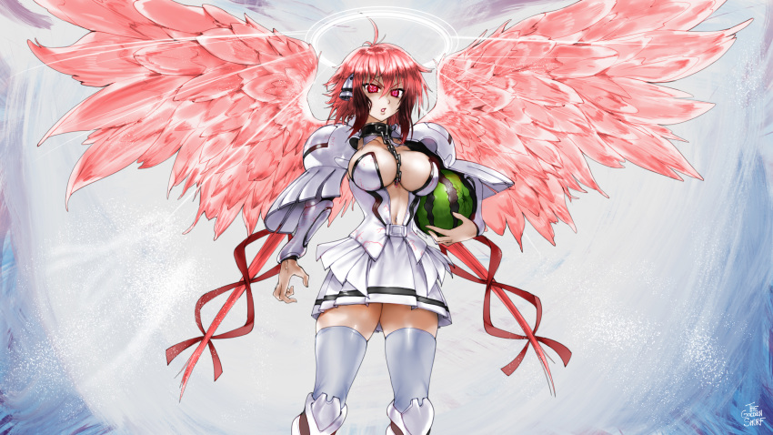 1girl ahoge android angel armor artist_name artist_progress between_breasts black_collar breasts chain collar commentary english_commentary food fruit hair_between_eyes halo highres ikaros large_breasts navel pink_wings red_eyes red_hair revision robot_ears simple_background skirt solo sora_no_otoshimono standing textless the_golden_smurf thighhighs watermelon white_legwear white_skirt wings