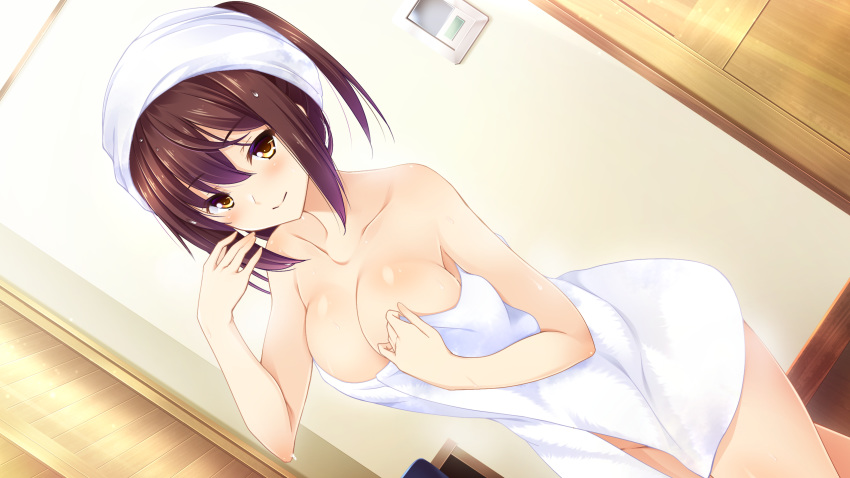 blush breasts brown_eyes brown_hair cleavage ensemble_(company) game_cg konoe_rikka ojou-sama_wa_sunao_ni_narenai towel