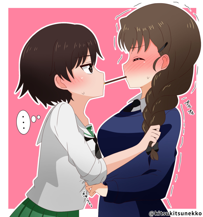 2girls blush braid braided_ponytail breasts brown_eyes brown_hair closed_eyes eyebrows_visible_through_hair food girls_und_panzer hair_ornament hair_ribbon highres isobe_noriko large_breasts long_hair looking_at_another multiple_girls ooarai_school_uniform pink_background pocky pocky_day pocky_kiss ponytail ribbon rukuriri school_uniform shiny shiny_hair short_hair simple_background size_difference small_breasts st._gloriana's_school_uniform tanutika trembling yuri