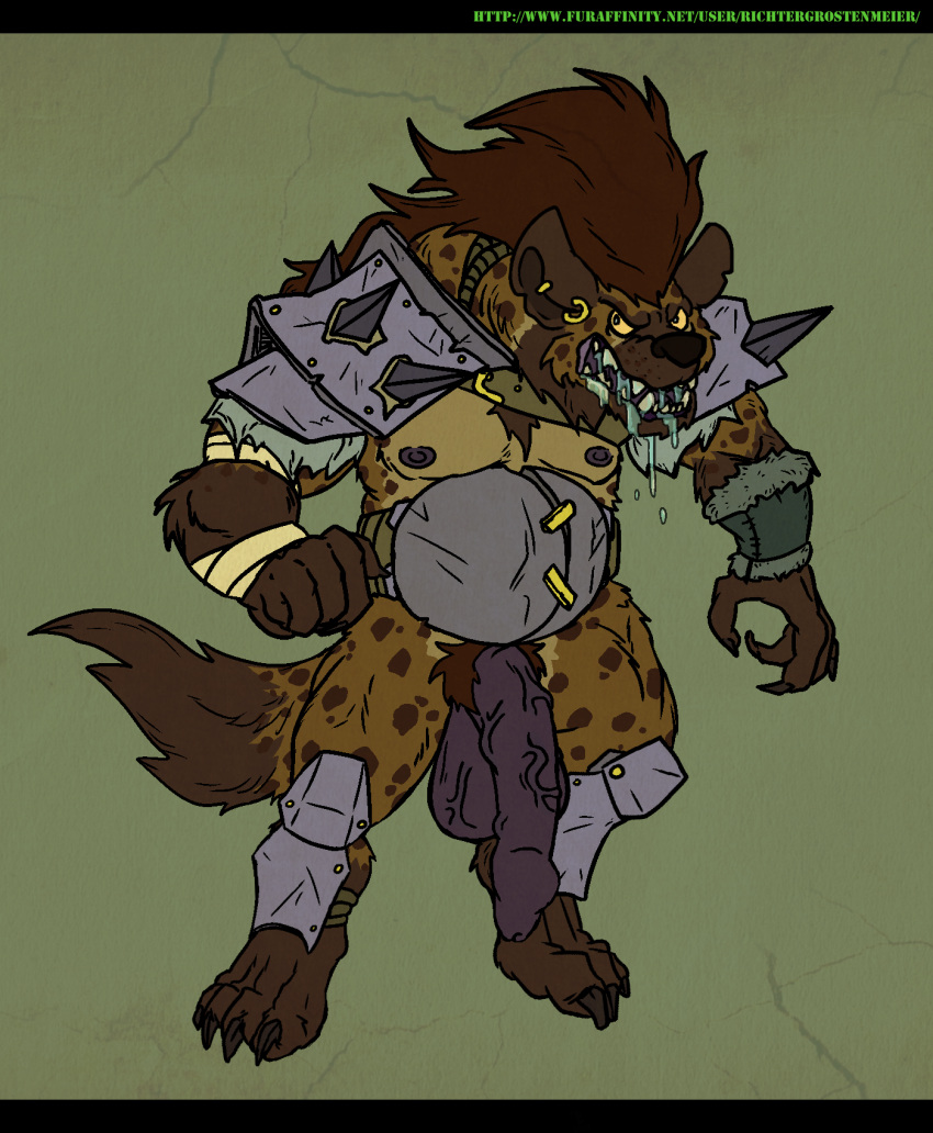 animal_genitalia barbarian bodily_fluids dungeons_and_dragons fantasy gnoll grostenmeiers hi_res hyaenid male mammal muscular penis pseudo-penis pubes saliva slightly_chubby tribal warrior weapon