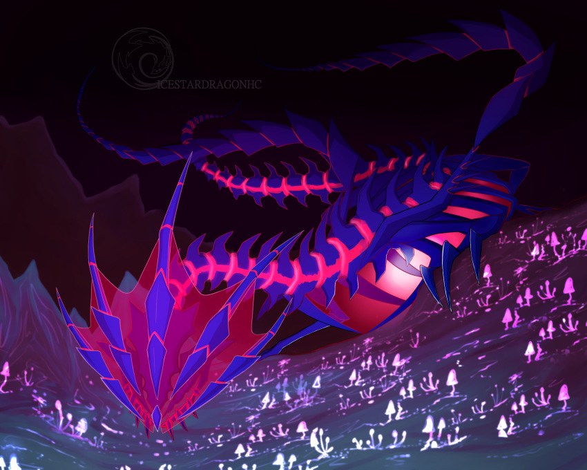 2019 5:4 bioluminescence blue_body bone detailed_background digital_media_(artwork) dragon eternatus exoskeleton feral floating fungus glowing hi_res icestardragonhc legendary_pok&eacute;mon levitation mushroom night nintendo outside pok&eacute;mon pok&eacute;mon_(species) red_body skeleton solo translucent translucent_body video_games