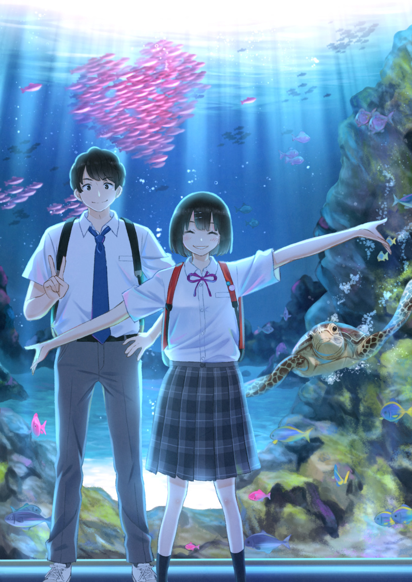 1boy 1girl absurdres air_bubble aquarium backpack bag bangs black_hair blush brown_eyes bubble closed_eyes eyebrows_visible_through_hair facing_viewer fish fish_tank highres light_rays looking_at_viewer necktie original pleated_skirt shirt short_hair short_sleeves skirt smile taka_(tsmix) turtle v white_shirt