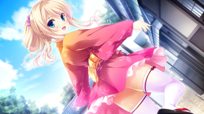 blonde_hair blue_eyes ensemble_(company) game_cg hikami_kuon japanese_clothes kimono ojou-sama_wa_sunao_ni_narenai thighhighs zettai_ryouiki