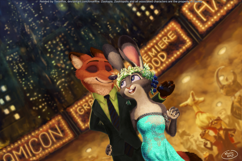 absurd_res anthro black_nose bottomwear buckteeth building canid canine city clothed clothing crowd dipstick_ears disney dress duo_focus english_text flower flower_crown fox fully_clothed fur grey_body grey_fur group hi_res inner_ear_fluff judy_hopps lagomorph leporid looking_at_another mammal multicolored_ears mustela mustelid musteline necktie nick_wilde open_mouth open_smile orange_body orange_fur pants pink_nose plant rabbit red_fox rhinocerotoid smile suit teeth text tinselfire tuft zootopia
