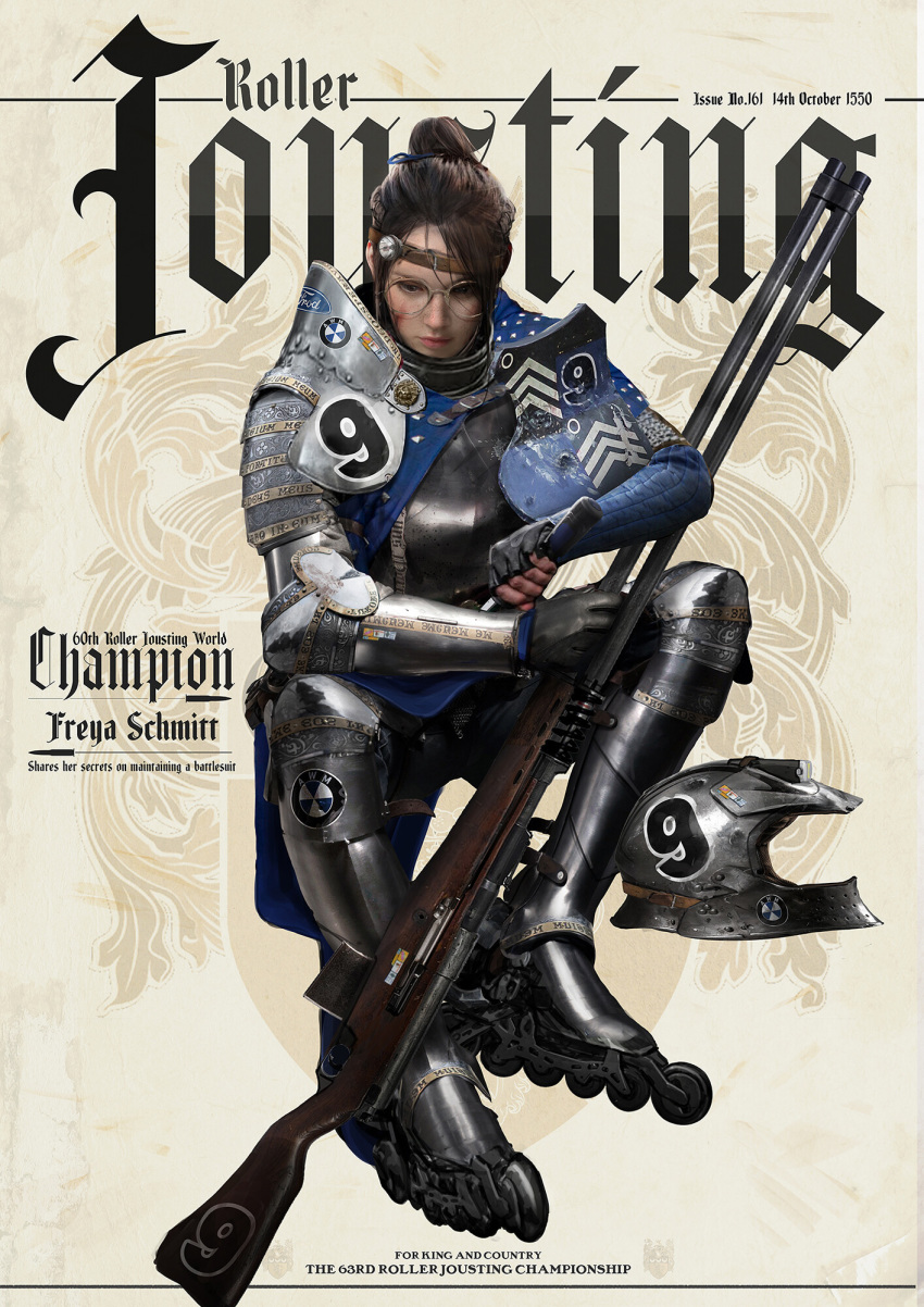 1girl allianz_arena armor bmw breastplate brown_hair chainmail commentary concept_art cover dated elbow_pads english_text fake_magazine_cover fantasy faulds fingerless_gloves ford full_armor gauntlets gloves greaves gun hair_through_headwear headwear_removed helmet helmet_removed highres holding holding_gun holding_weapon inline_skates johnson_ting lips looking_at_viewer lufthansa magazine_cover medieval motocross nose number original plate_armor ponytail realistic roller_skates round_eyewear single_spaulder sitting skates solo sponsor tied_hair urban_fantasy weapon