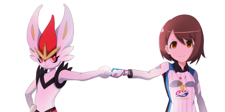 1girl a-kiraa_(whisper) brown_eyes brown_hair cinderace fist_bump gen_8_pokemon gloves highres pokemon pokemon_(game) pokemon_swsh smile soccer_uniform sportswear white_background yuuri_(pokemon)