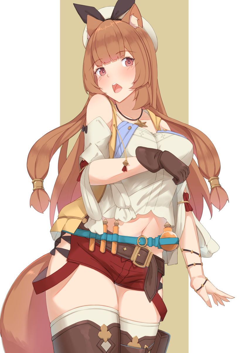 1girl :o animal_ear_fluff animal_ears arm_at_side atelier_(series) atelier_ryza bangs bare_shoulders belt belt_buckle beret black_ribbon blunt_bangs blush boots breasts bright_pupils brown_footwear brown_gloves buckle commentary cosplay cowboy_shot detached_sleeves eyebrows_visible_through_hair gloves hat hat_ribbon highres kusubii large_breasts long_hair looking_at_viewer navel open_mouth raccoon_ears raccoon_girl raccoon_tail raphtalia red_eyes red_shorts reisalin_stout reisalin_stout_(cosplay) ribbon round-bottom_flask short_shorts shorts solo tail tate_no_yuusha_no_nariagari test_tube thigh_boots thighhighs thighhighs_under_boots two-tone_background very_long_hair white_hair white_headwear white_legwear wristband