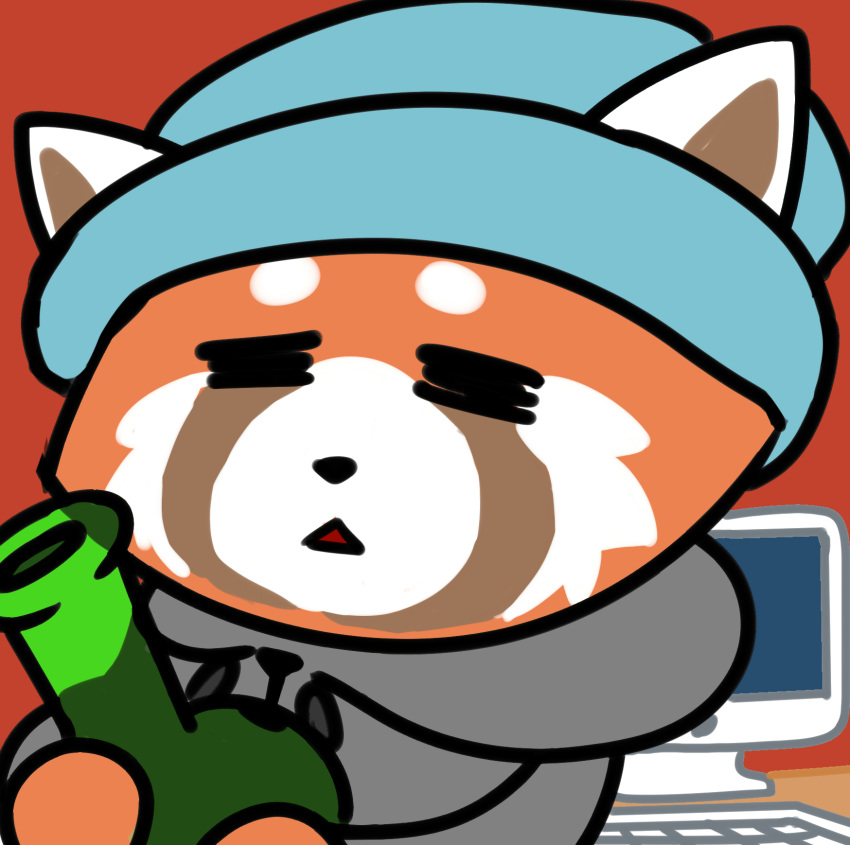 2019 aggressive_retsuko ailurid ambiguous_gender bong clothed clothing digital_media_(artwork) drugs fur hat headgear headwear hi_res hiroki mammal marijuana moisty open_mouth red_panda sanrio simple_background smoking solo