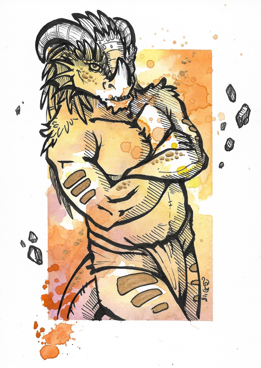 2018 annoyed anthro bare_chest clothed clothing crossed_arms dragonborn ear_fins fin hi_res horn jincrath_talmaar loincloth looking_at_viewer male painting_(artwork) pen_(artwork) simple_background solo spiderdragon topless traditional_media_(artwork) watercolor_(artwork)