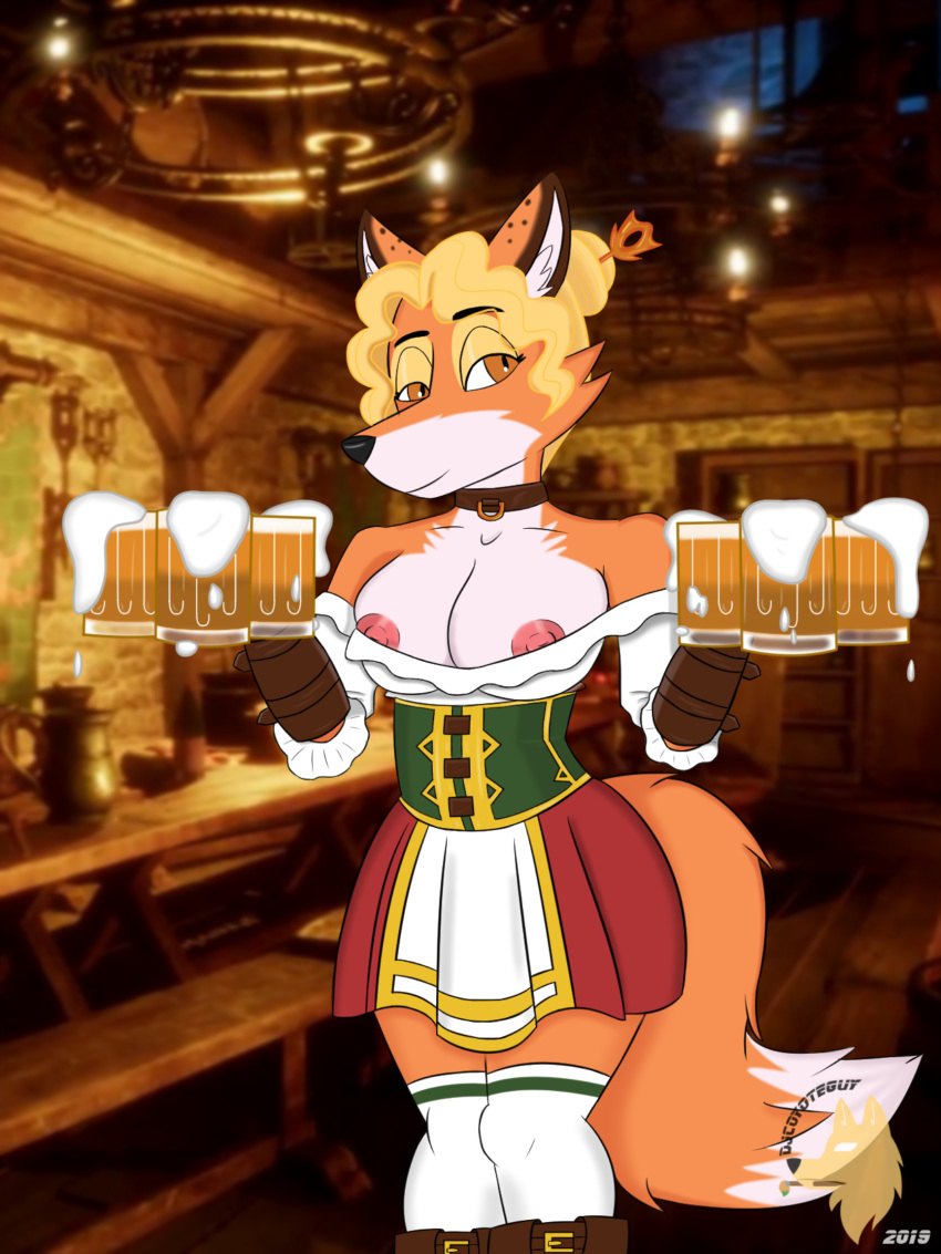 alcohol anthro beer beverage big_breasts blonde_hair breasts canid canine choker clothed clothing collar djcoyoteguy female fox german hair hi_res jewelry mammal necklace nipple_slip nipples oktoberfest realm_royale solo tavern the_huntress_(realm_royale)