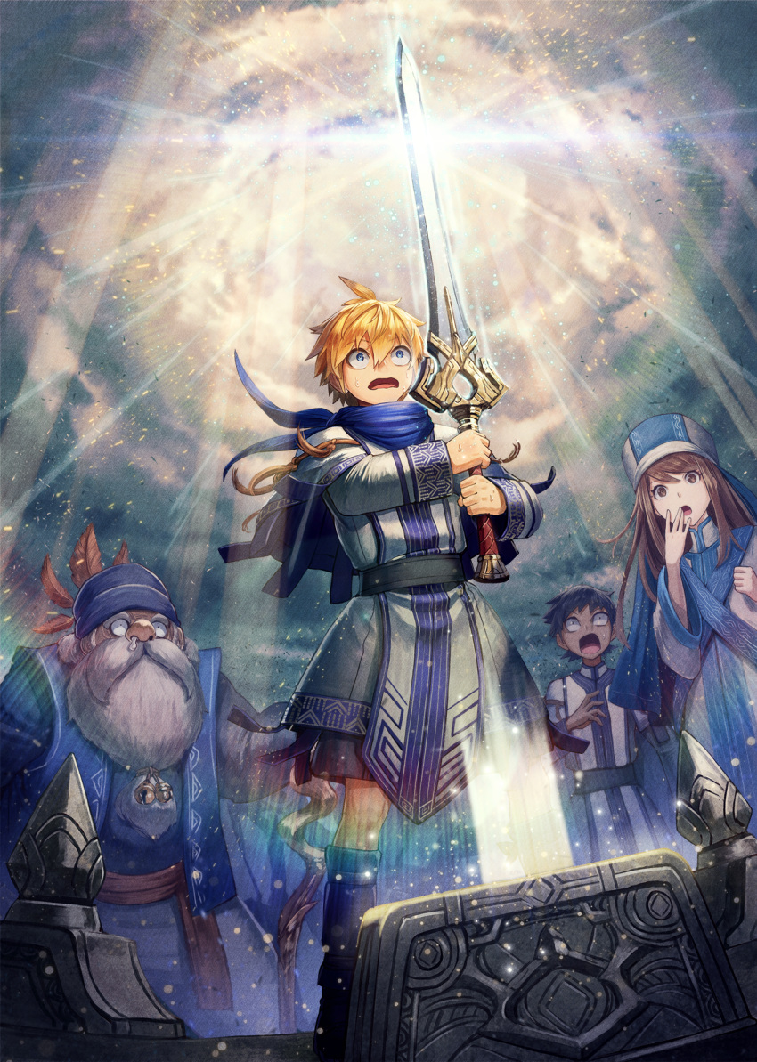 1girl 3boys ahoge beard black_hair blonde_hair blue_eyes brown_hair commentary facial_hair fantasy glowing hat highres holding holding_sword holding_weapon kuroi_susumu long_hair multiple_boys mustache old_man open_mouth original robe short_hair snot surprised sweatdrop sword weapon