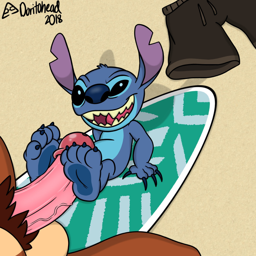 1:1 2018 4_fingers 4_toes alien ambiguous_gender balls black_eyes blue_body blue_claws blue_fur blue_nose blue_pawpads bottomwear brown_body brown_fur claws clothing digital_drawing_(artwork) digital_media_(artwork) disney doritohead experiment_(lilo_and_stitch) feet fingers foot_fetish footjob fur head_tuft hi_res humanoid_penis lilo_and_stitch looking_at_viewer male male/ambiguous mammal notched_ear open_mouth open_smile parker_webb pawpads penis reclining sand sex shorts smile stitch_(lilo_and_stitch) surfboard toe_claws toes tuft vein veiny_penis