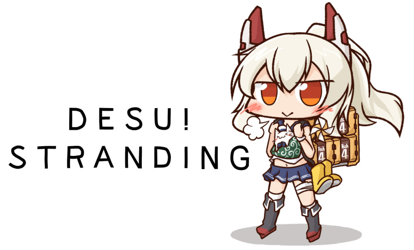 &gt;_&lt; 1girl :&gt; :3 =3 aka_shiba ayanami_(azur_lane) azur_lane bandaged_leg bandages blush_stickers boots carrying cat commentary_request death_stranding mechanical_horns meowfficer_(azur_lane) navel parody pleated_skirt ponytail sailor_collar shadow simple_background skirt smug tagme tech_box_(azur_lane) title_parody white_background white_hair x3