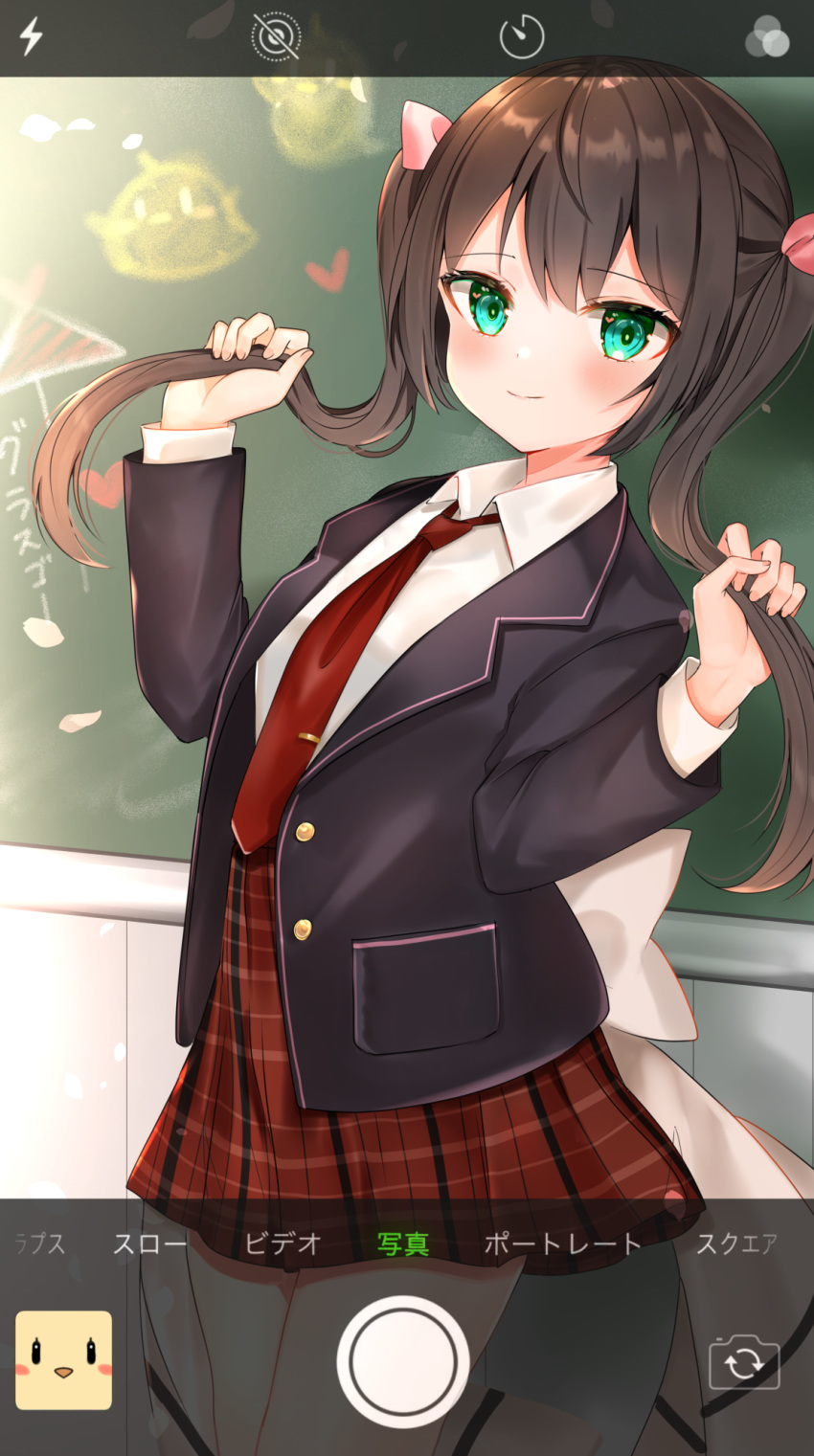 1girl azur_lane bangs black_hair black_jacket blazer cellphone_picture closed_mouth collared_shirt commentary eyebrows_visible_through_hair fingernails glasgow_(azur_lane) green_eyes hair_between_eyes hair_ribbon highres holding holding_hair indoors jacket katsushika_pachi long_hair long_sleeves looking_at_viewer manjuu_(azur_lane) necktie open_blazer open_clothes open_jacket pink_ribbon plaid plaid_skirt pleated_skirt red_neckwear red_skirt ribbon school_uniform shirt skirt smile solo symbol_commentary translation_request twintails white_shirt
