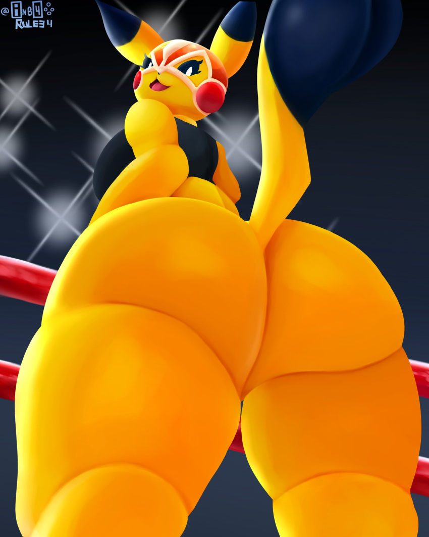 anthro anthrofied big_butt butt clothed clothing cosplay_pikachu_(character) cosplay_pikachu_(costume) female from_behind_(disambiguation) hi_res huge_butt inb4rule34 looking_at_viewer looking_back low-angle_view mask nintendo partially_clothed pikachu pikachu_libre pok&eacute;mon pok&eacute;mon_(species) pok&eacute;morph simple_background solo thick_thighs video_games wide_hips worm's-eye_view