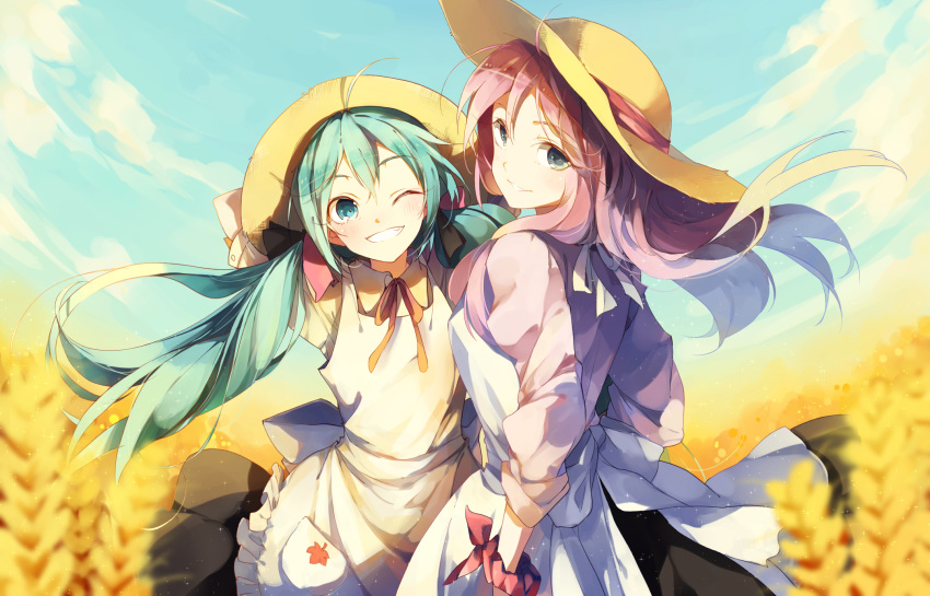 2girls apron aqua_eyes aqua_hair arms_on_head black_skirt blue_eyes blue_sky calendar_(medium) cloud cloudy_sky commentary day fisheye frilled_apron frills grin hat hatsune_miku highres leaf_print light_blush long_hair looking_at_viewer looking_back megurine_luka multiple_girls neck_ribbon one_eye_closed open_mouth outdoors parted_lips pink_hair pink_shirt red_ribbon ribbon scrunchie shirt shuzi skirt sky smile standing straw_hat twintails upper_body very_long_hair vocaloid wheat wheat_field white_shirt wrist_scrunchie