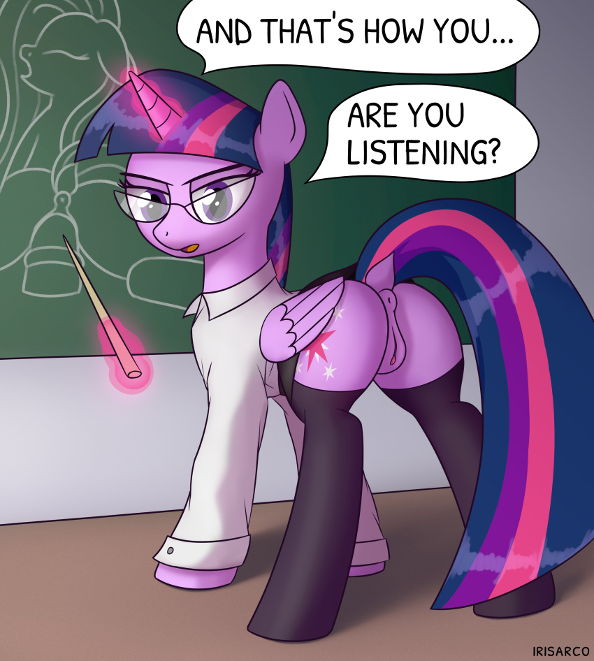 2019 absurd_res annoyed anus butt chalkboard clitoris clothed clothing english_text equid eyebrows eyelashes eyewear female feral friendship_is_magic glasses hi_res horn irisarco looking_at_viewer looking_back magic mammal my_little_pony pussy solo text twilight_sparkle_(mlp) winged_unicorn wings