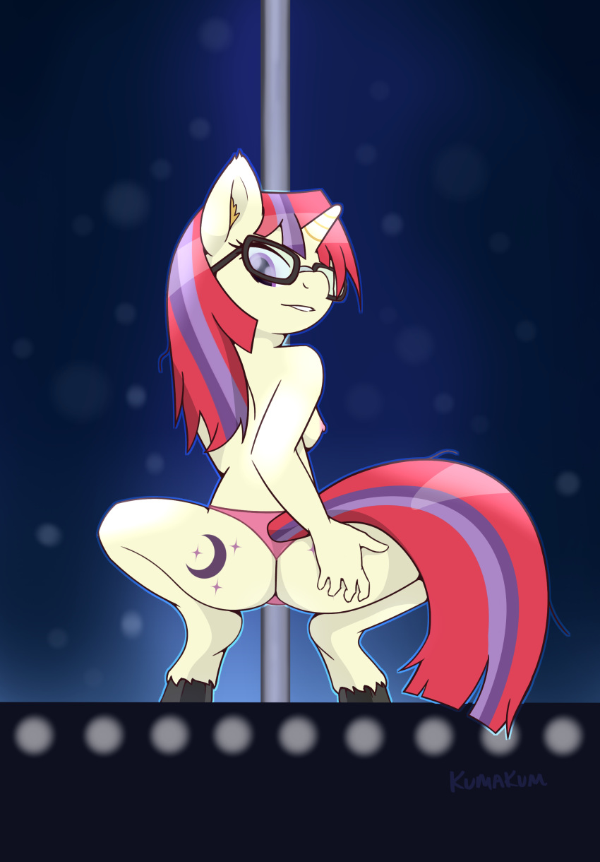 absurd_res anthro anthrofied butt_pose clothed clothing crouching cutie_mark equid eyewear female friendship_is_magic glasses hair hi_res horn kumakum looking_at_viewer looking_back mammal moondancer_(mlp) multicolored_hair my_little_pony nipples nude panties pole pose purple_eyes solo stripper_pole topless underwear undressing unicorn
