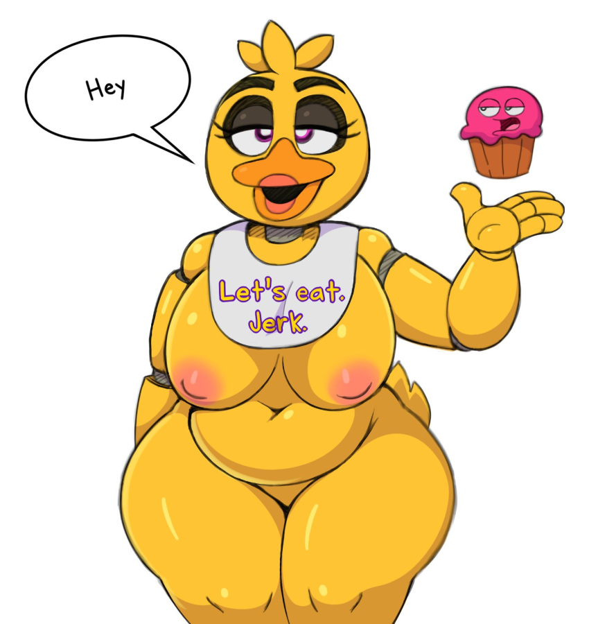 acstlu animatronic anthro apron avian beak big_breasts bird breasts chica_(fnaf) chicken clothing curvaceous curvy_figure featureless_crotch female five_nights_at_freddy's food galliform gallus_(genus) hi_res lipstick machine makeup navel nipples non-mammal_breasts overweight overweight_female phasianid purple_eyes robot solo text thick_thighs video_games voluptuous wide_hips yellow_body