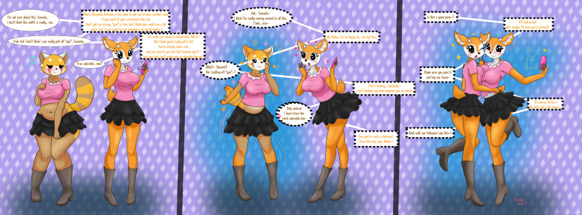 2019 absurd_res aggressive_retsuko ailurid anthro assimilation bottomwear breasts cervid clothing dialogue duo female growth hand_on_breast hi_res horn kawma mammal mind_control on_one_leg phone red_panda retsuko sanrio selfie sequence shirt skirt smile spiral_eyes standing topwear transformation tsunoda