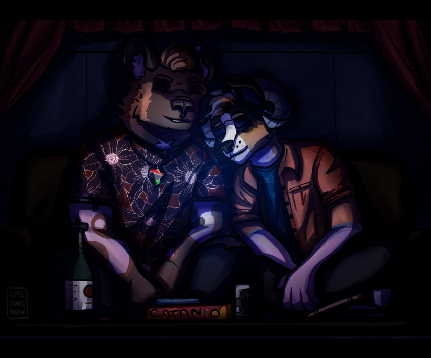 african_wild_dog anthro bottle canid canine clothed clothing curtains darius_davis digital_media_(artwork) duo eyes_close fully_clothed fur furniture hair hms.junebug horn hybrid jewelry male mammal multicolored_body multicolored_fur necklace sitting sleeping sofa window