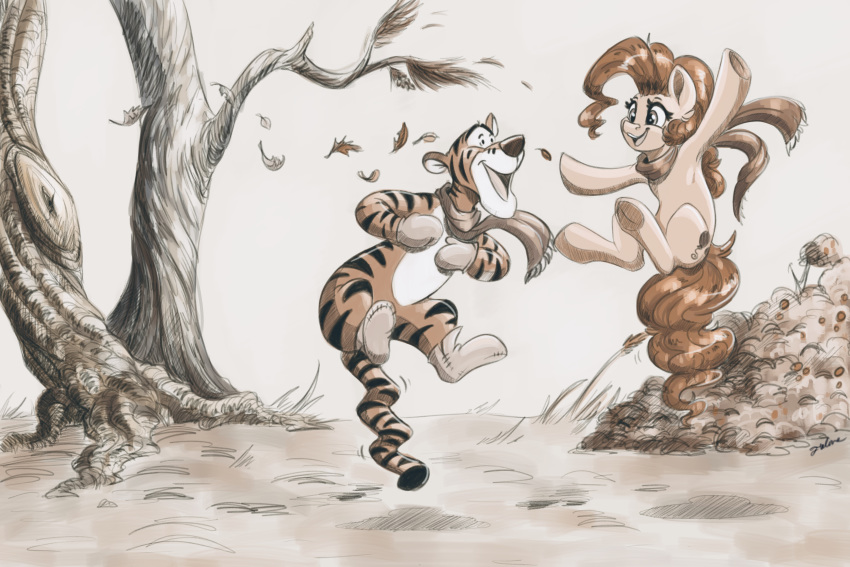 2019 absurd_res crossover disney duo earth_pony equid equine eyelashes faline-art felid female friendship_is_magic fur hair hi_res horse jumping male mammal my_little_pony open_mouth orange_body orange_fur outside pantherine pinkie_pie_(mlp) pony teeth tiger tigger tongue tree winnie_the_pooh_(franchise)