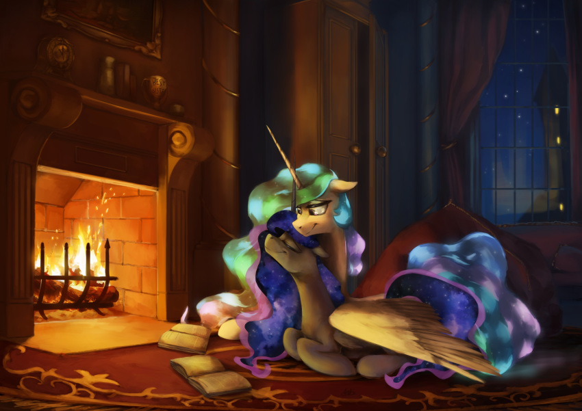 2019 absurd_res anticularpony book detailed_background duo equid eyes_closed feathered_wings feathers female feral fire fireplace friendship_is_magic hair hi_res horn hug inside mammal multicolored_hair my_little_pony night princess_celestia_(mlp) princess_luna_(mlp) sky smile spread_wings star window winged_unicorn wings