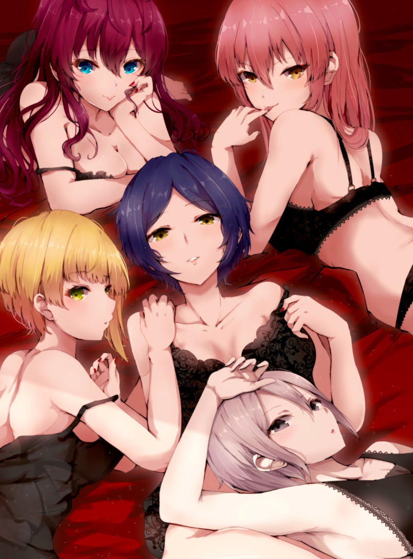 5girls :o :p antenna_hair arm_over_head arm_up armpits bare_arms bare_back black_bra black_eyes black_panties black_pillow blonde_hair blue_eyes blue_hair bra breasts cleavage collarbone eyebrows_visible_through_hair finger_to_tongue floral_print green_eyes grey_hair hair_between_eyes hand_on_own_chin hand_on_shoulder hayami_kanade highres ichinose_shiki idolmaster idolmaster_cinderella_girls jougasaki_mika lace lace-trimmed_bra lace-trimmed_panties large_breasts lingerie lipps_(idolmaster) long_hair looking_at_viewer looking_back lying medium_breasts miyamoto_frederica multiple_girls nail_polish negligee off_shoulder on_back on_stomach open_mouth panties parted_lips pink_hair red_background red_hair ryuu. shiomi_shuuko short_hair sideboob small_breasts tongue tongue_out underwear white_pillow yellow_eyes