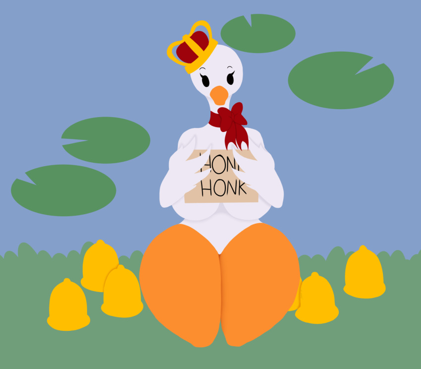 2019 anatid anseriform anserinae anthro avian bell big_breasts bird breasts digital_media_(artwork) female goose goose_(untitled_goose_game) hi_res huge_breasts lily_pad looking_at_viewer plant ribbons solo suirano thick_thighs untitled_goose_game