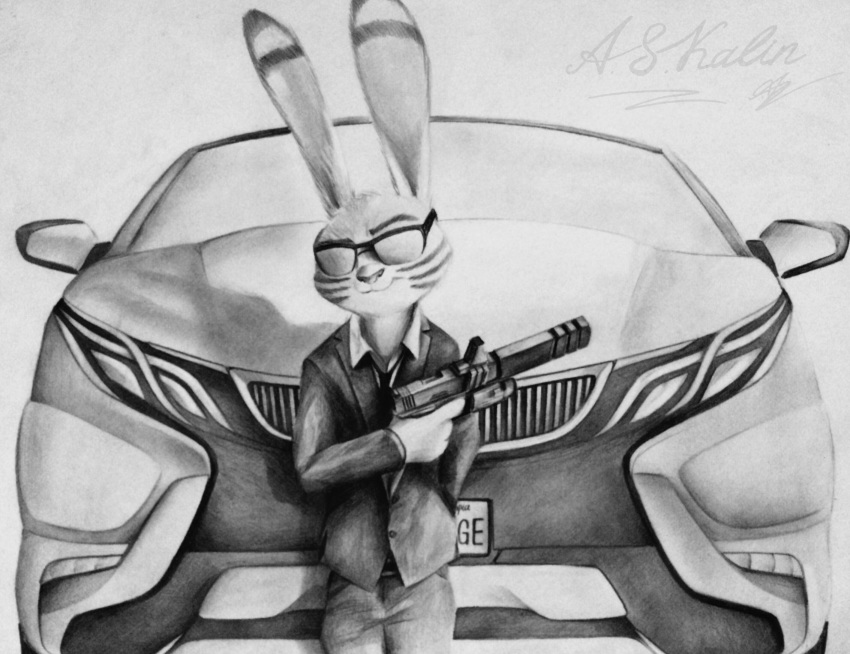 2018 anthro askalin black_stripes bottomwear car clothed clothing disney ear_markings eyewear facial_markings front_view fully_clothed fur greyscale head_markings hi_res holding_gun holding_object holding_weapon jack_savage lagomorph leporid light lighting mammal markings monochrome necktie pants rabbit simple_background smile solo stripes suit sunglasses vehicle weapon white_background zootopia